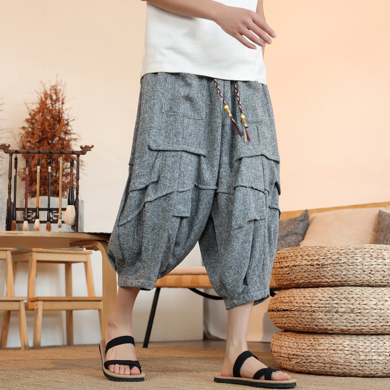 New Chinese Style Ice Silk Draping Pleated Cropped Pants Loose Men's Wide-leg Pants