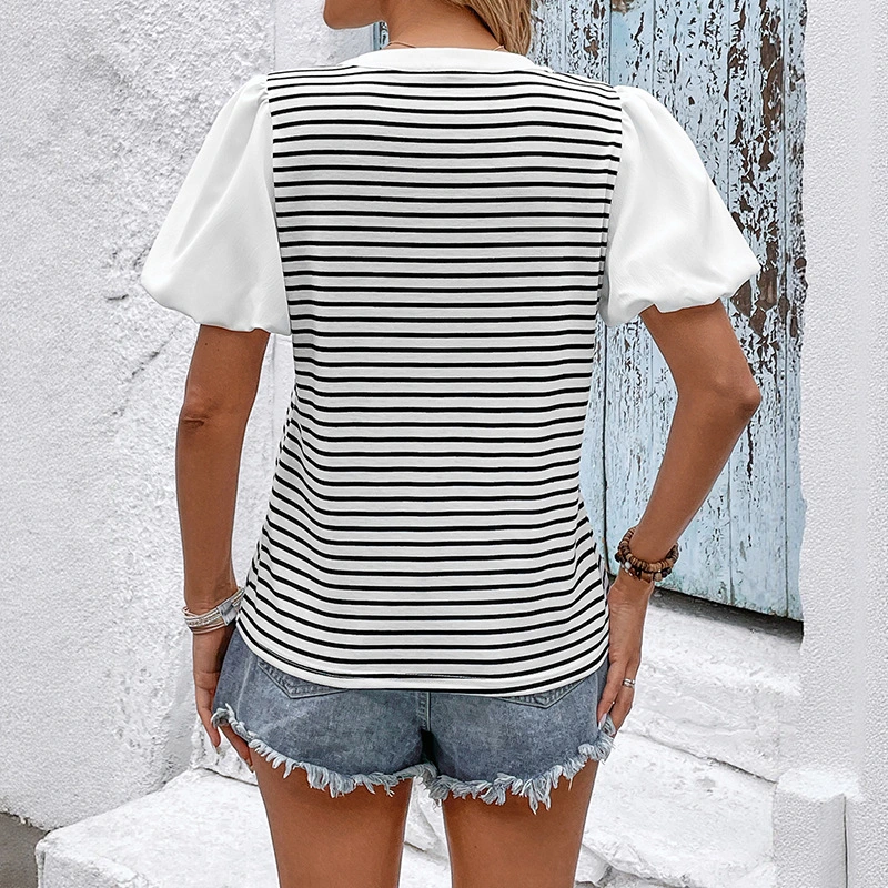 Small Stand Collar Casual Striped T-shirt For Women