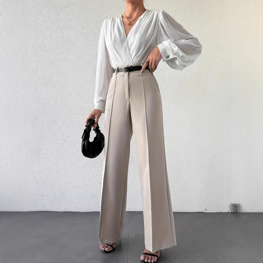New Fashion Temperament High Waist Slimming And Straight Casual Trousers Side Pocket French Commuter Business Trousers