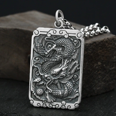 Men's Personality Retro Tag Foot Silver Dragon Pendant