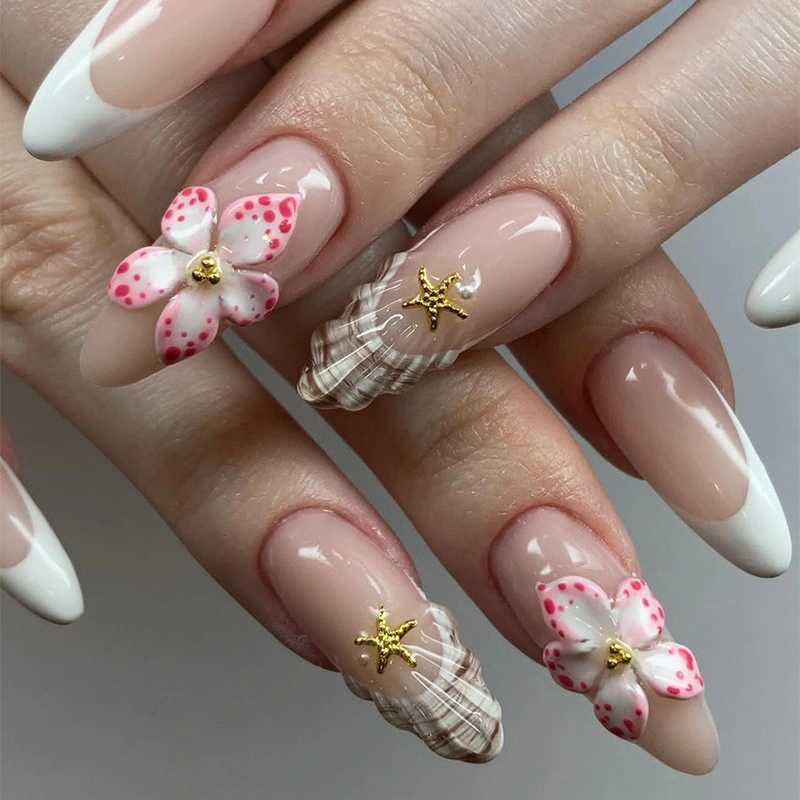Flower French Style Fake Nails Rock Pattern Patch Removable
