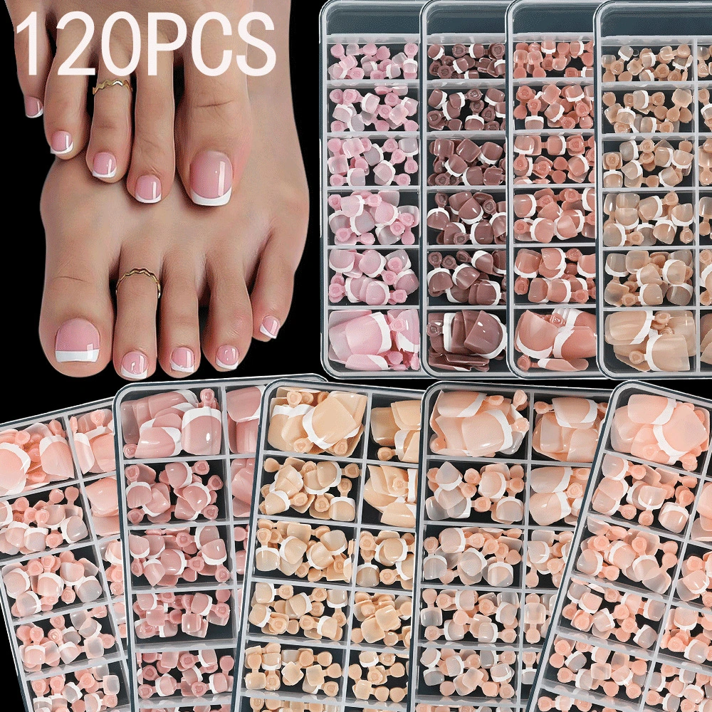 120 Pieces French White Edge Feet Nude Full Square Short High-grade Toe Nail Piece