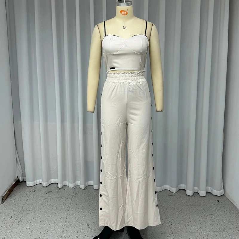 Two-piece Elastic Waist Wide-leg Trousers With Suspenders