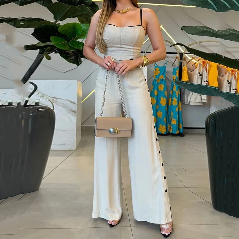 Two-piece Elastic Waist Wide-leg Trousers With Suspenders