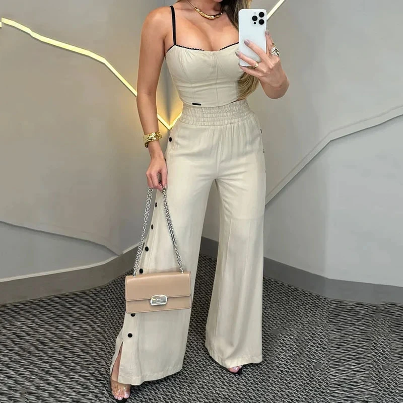 Two-piece Elastic Waist Wide-leg Trousers With Suspenders