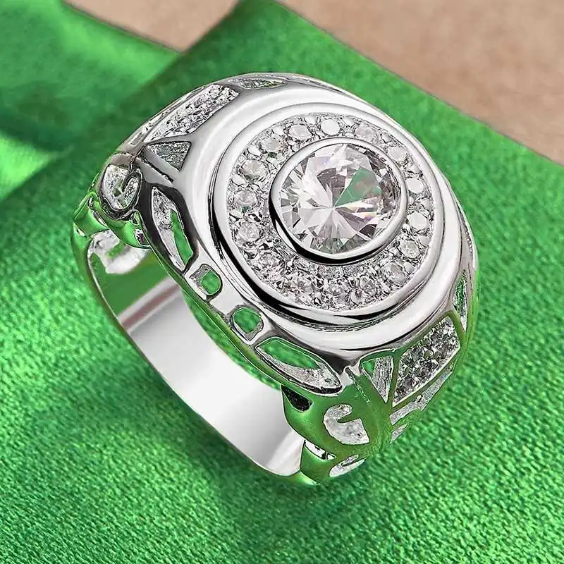 Big Round Zircon Ring Fashion Silver Ornaments For Men And Women
