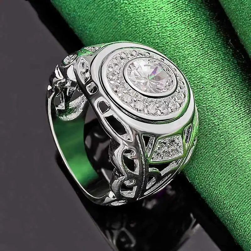 Big Round Zircon Ring Fashion Silver Ornaments For Men And Women