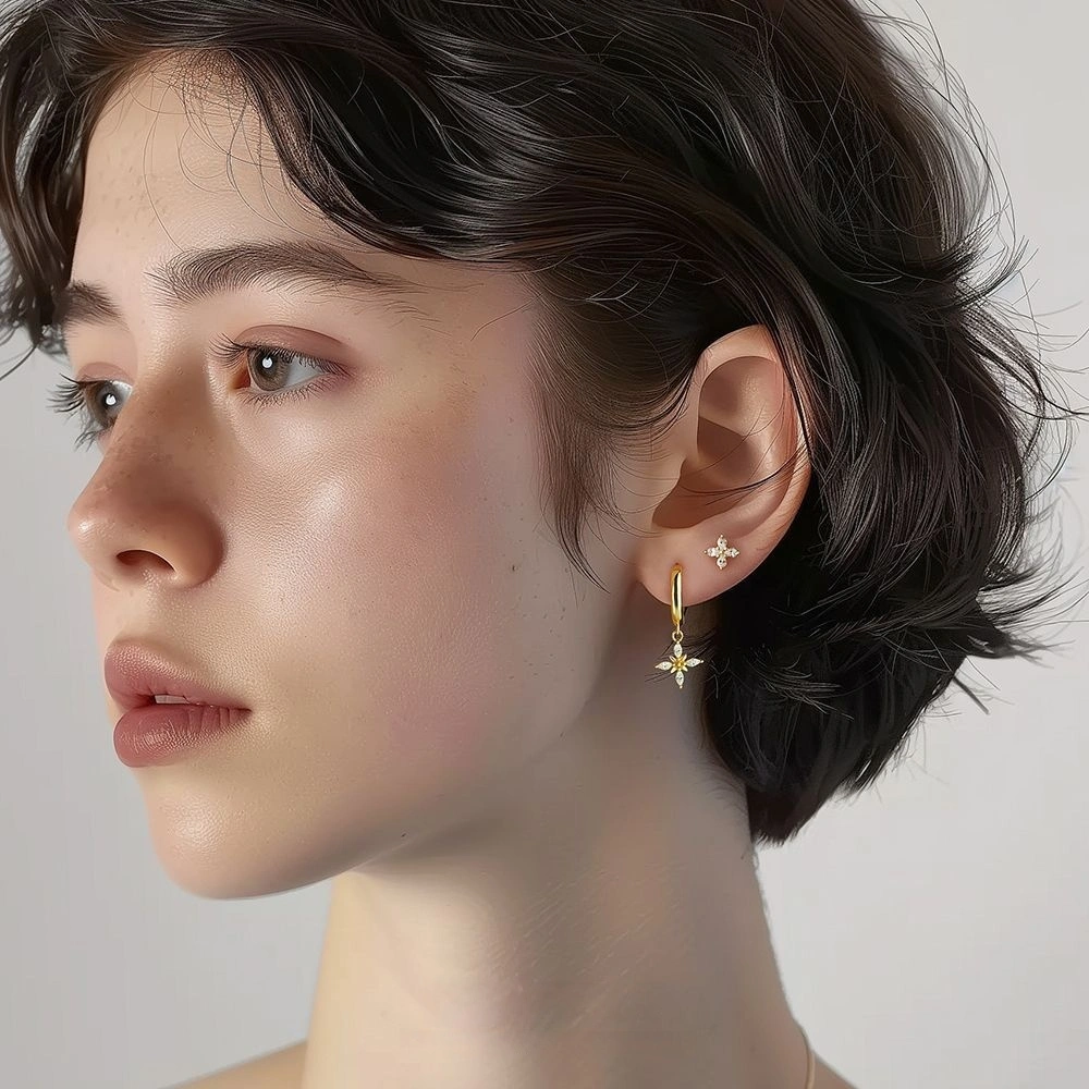 French S925 Sterling Silver Mori Style Four Leaf Clover Ear Stud Women