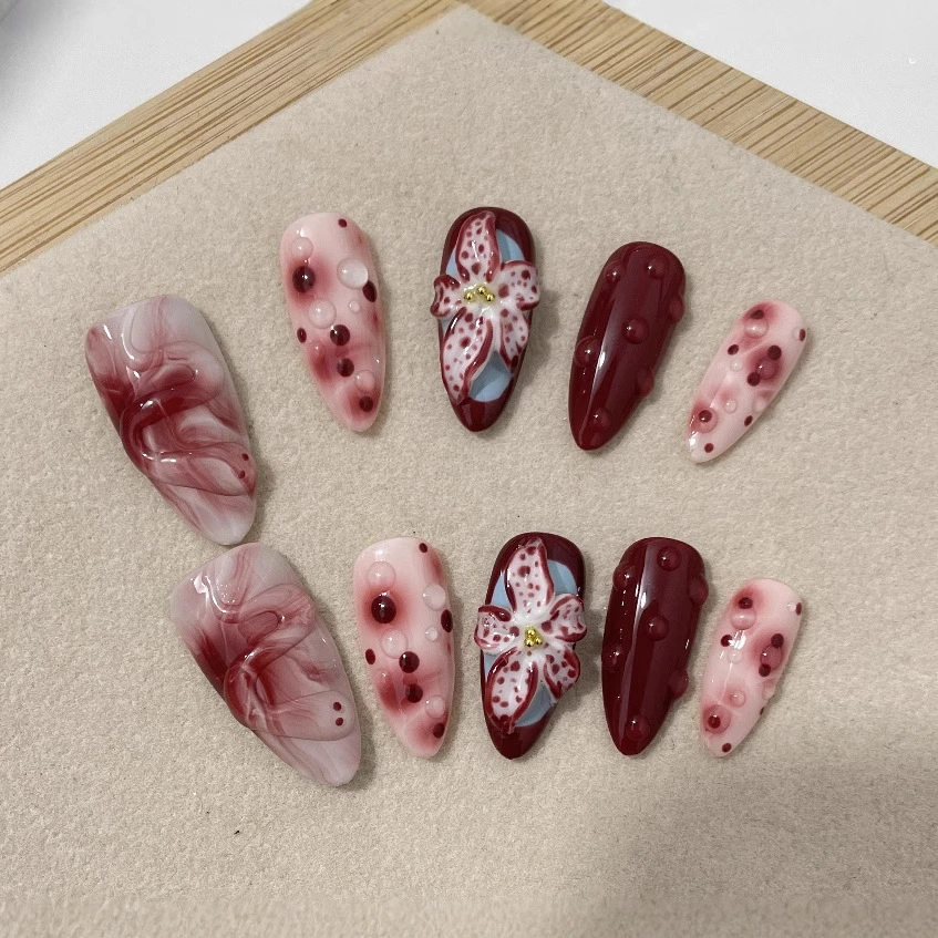Blooming Hand-painted Three-dimensional Carved Mid-length Manicure Wear Nail