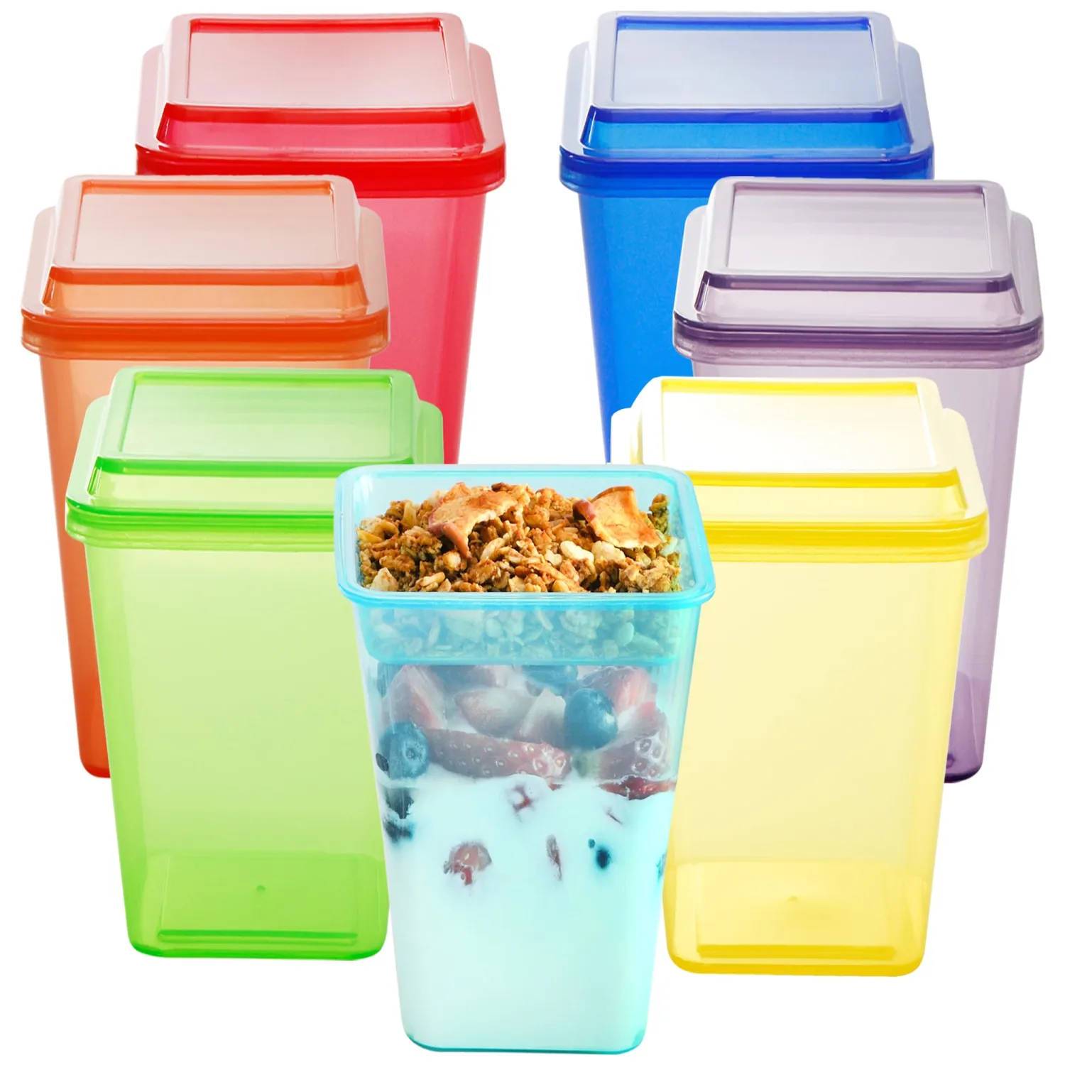 Youngever 7 Sets Plastic Parfait Cups with Lids and Inserts, Reusable Yogurt Cups - Spill and Leak Proof (Large 12 Ounce)