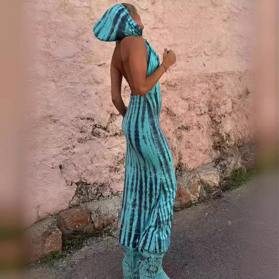Hooded Backless Print Ethnic Style Dress