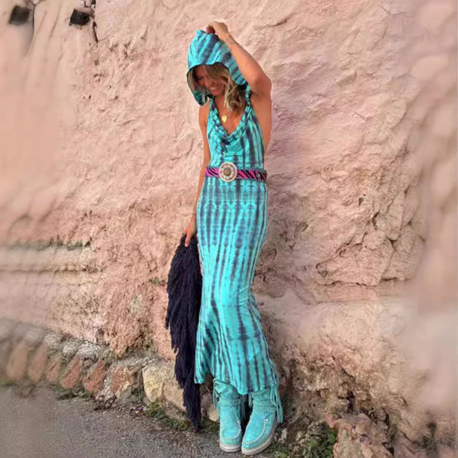 Hooded Backless Print Ethnic Style Dress