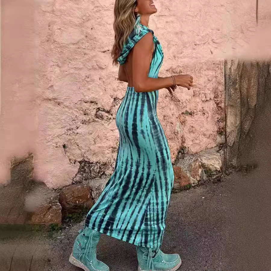 Hooded Backless Print Ethnic Style Dress