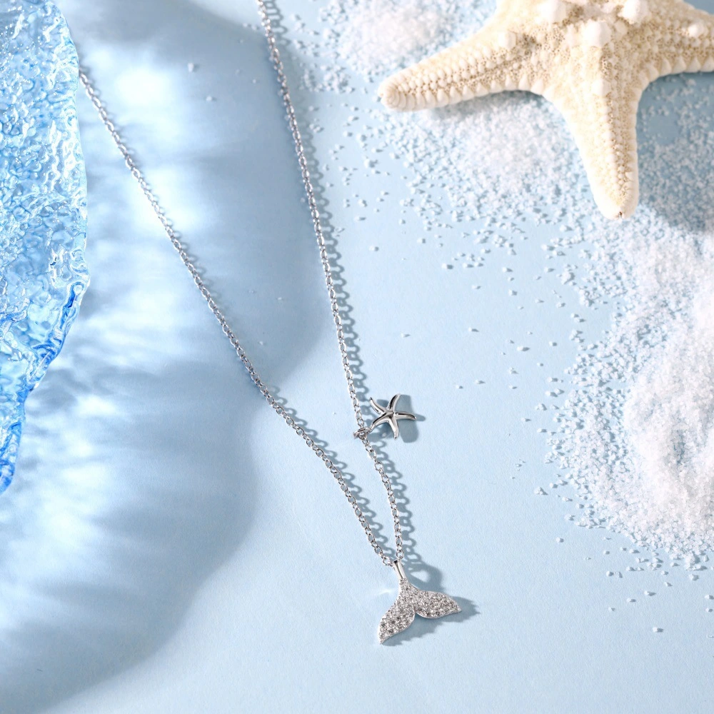 S925 Sterling Silver Mermaid Tail Necklace Micro Inlaid Zircon Starfish