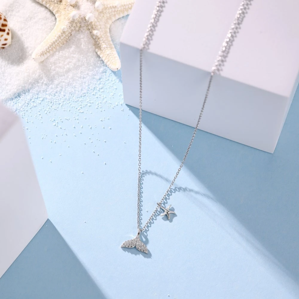 S925 Sterling Silver Mermaid Tail Necklace Micro Inlaid Zircon Starfish