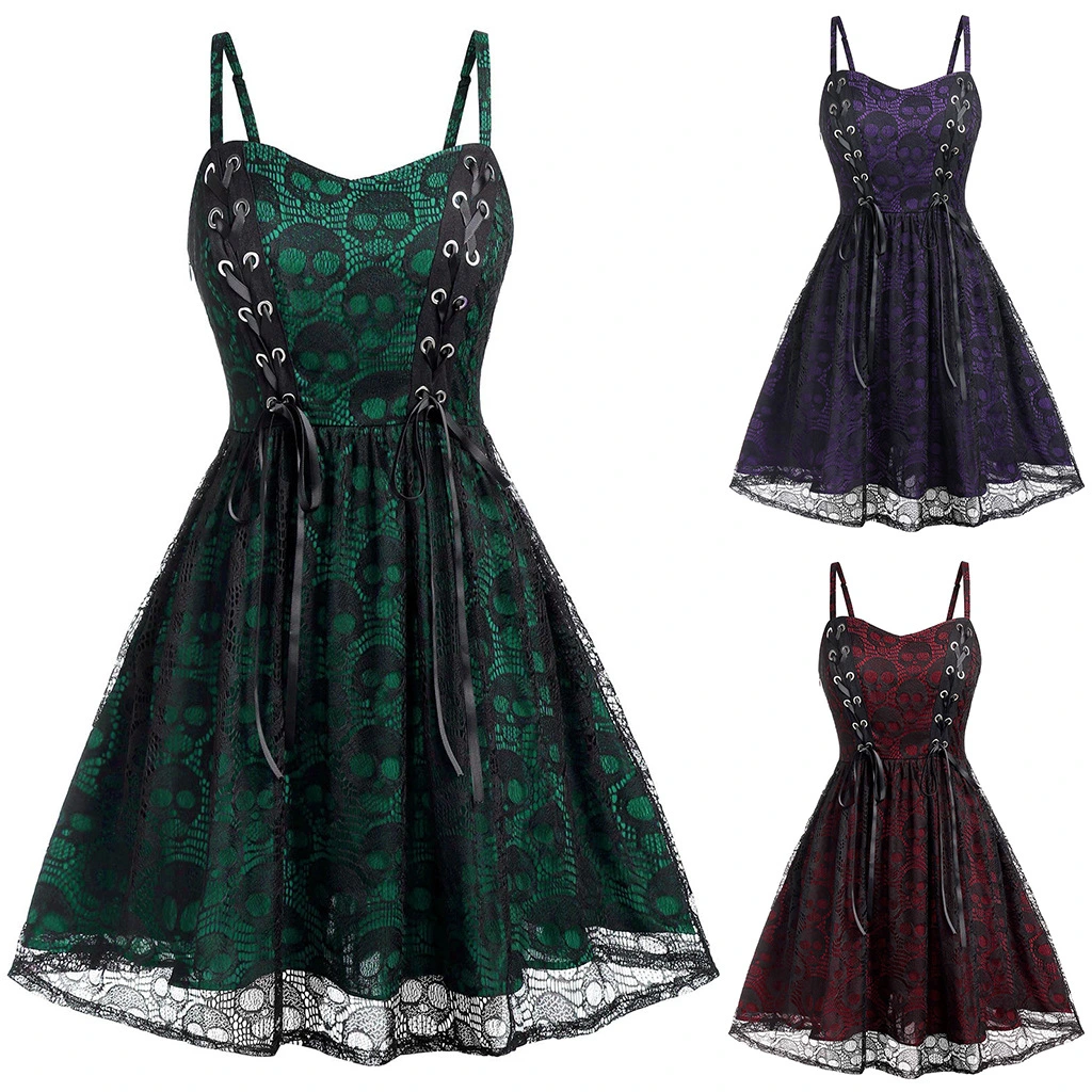 Skull Strap Dress Halloween Lace-up