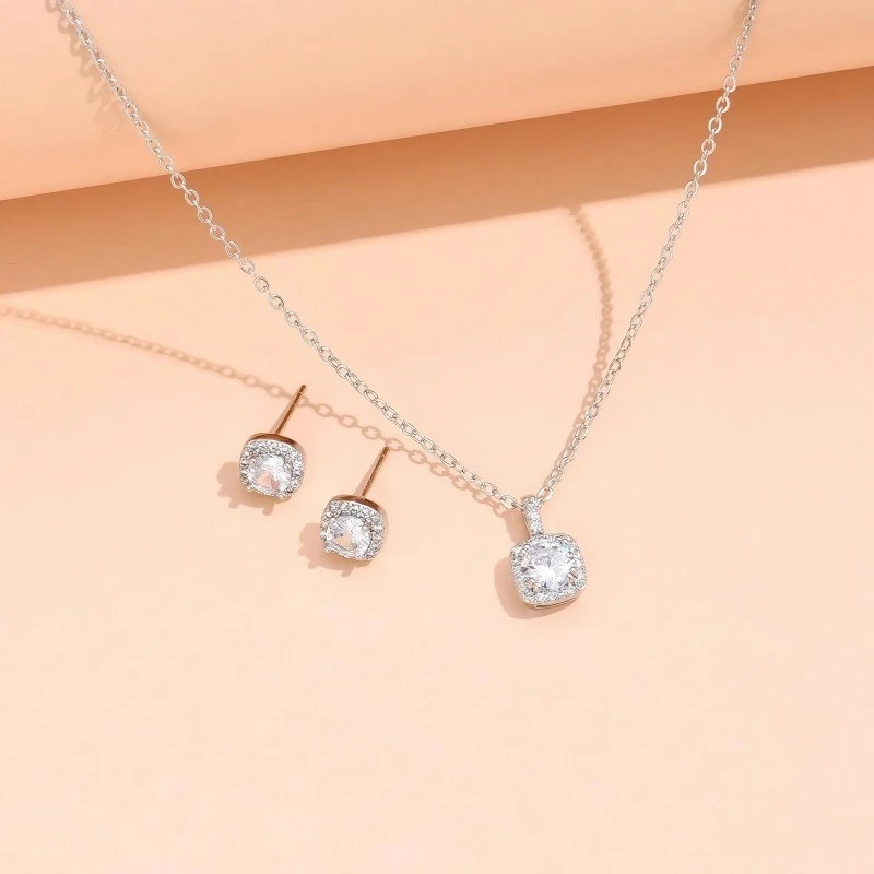 Female Minimalist Niche Square Diamond Necklace Earring Set