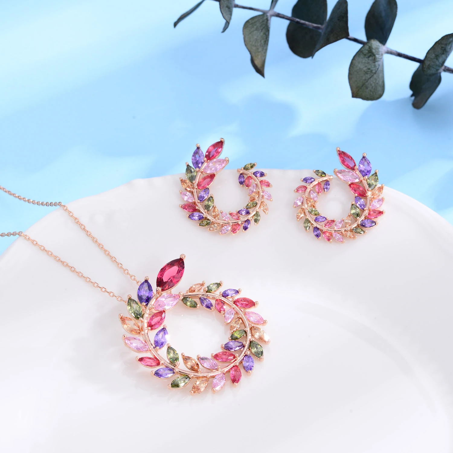 18K Real Gold Handmade Inlaid Colorful Garland Shape Earrings