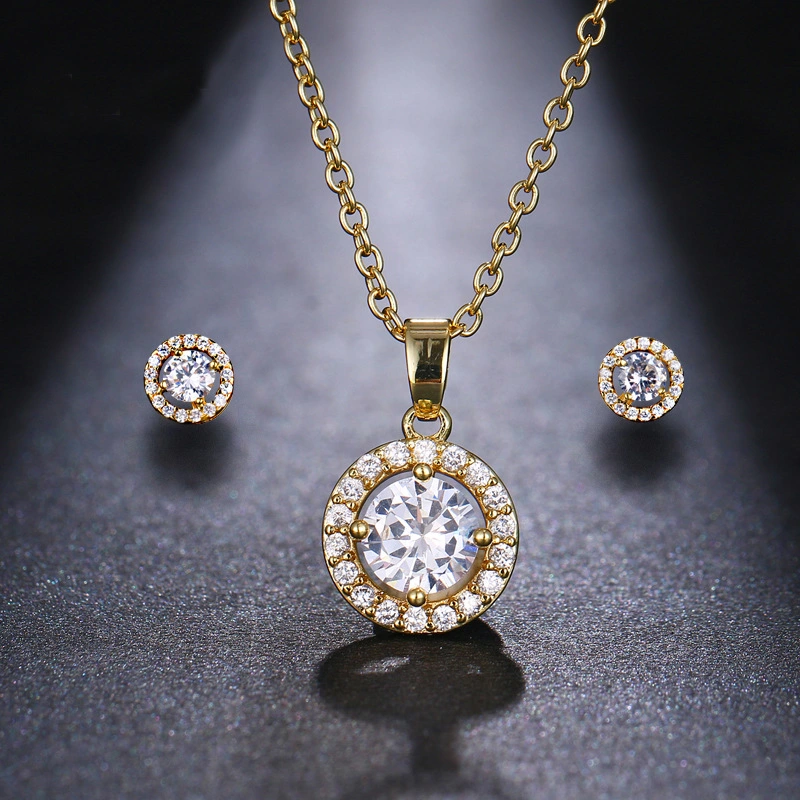 Manifold Simple Round Zircon Inlaid Clavicle Chain Necklace Earrings Two-piece Set