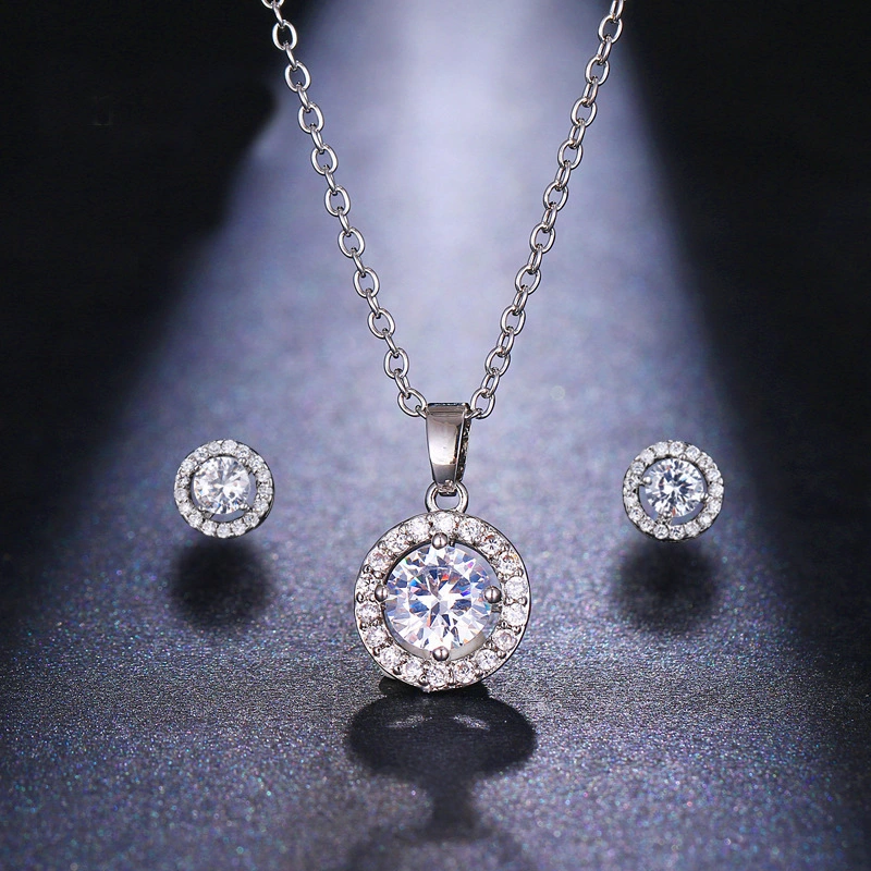 Manifold Simple Round Zircon Inlaid Clavicle Chain Necklace Earrings Two-piece Set