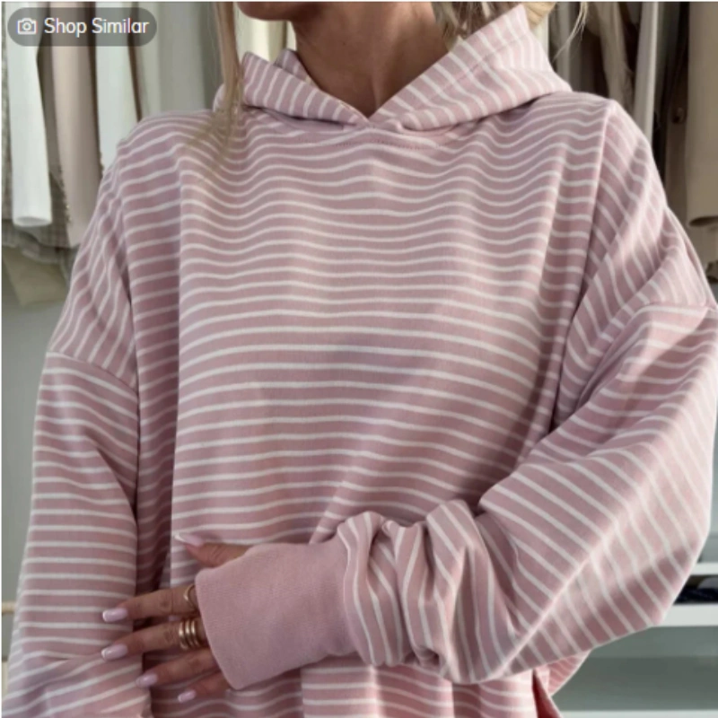 Striped Thumb Hole Side Seam Off-shoulder Loose Hoodie