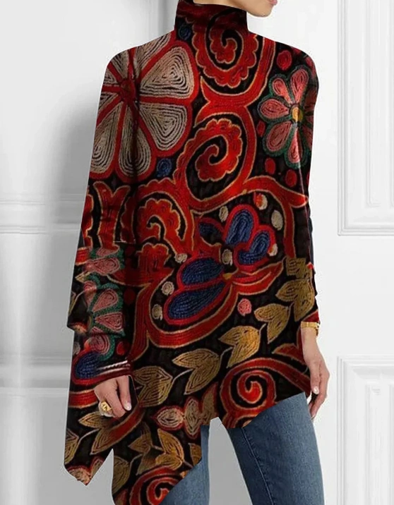 Turtleneck Allover Floral Print Asymmetrical Hem Top