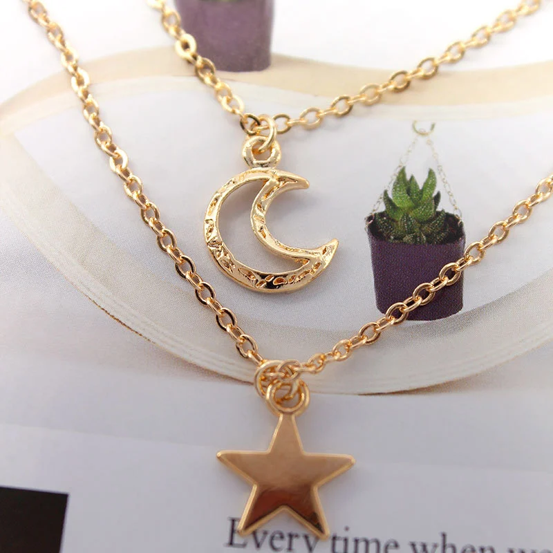 Metal Hollow Crescent XINGX Multi-layer Necklace