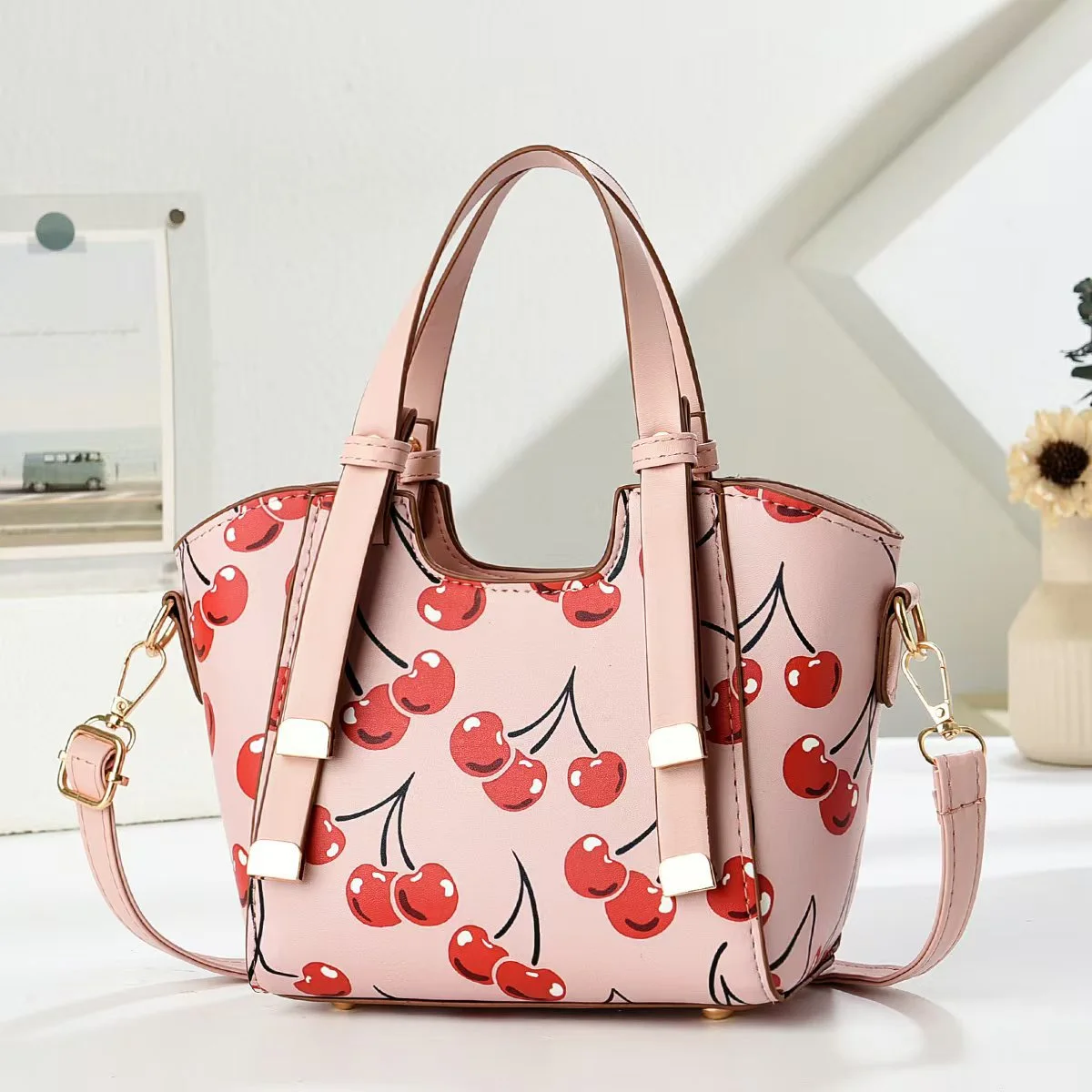 Bag Women's Classic All-match Vegetable Basket Cherry Print Hand Carrying