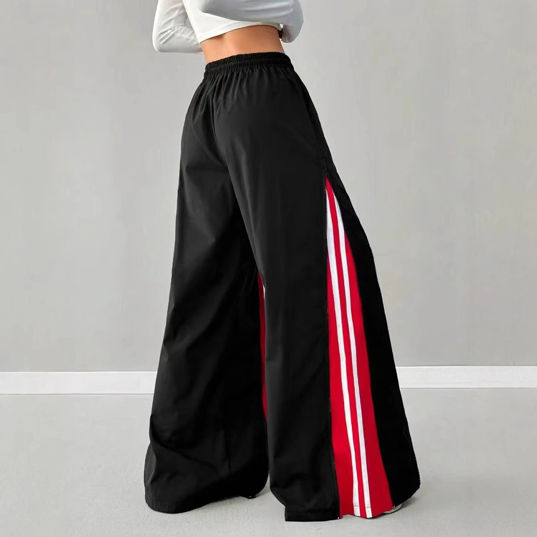 Women's Contrast Color Bell-bottom Pants-black And Red Casual Elastic Waist