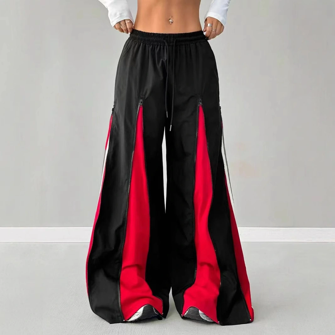 Women's Contrast Color Bell-bottom Pants-black And Red Casual Elastic Waist