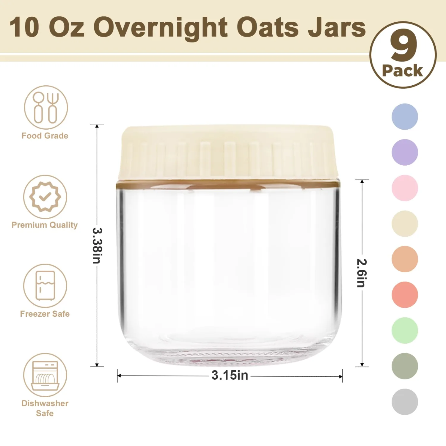Overnight Oats Containers with Lids, 10oz Wide Mouth Mason Jars with Lids, 3 Pack Glass Jars with Airtight lid for Chia Pudding Yogurt Salad, Meal Prer Oatmeal Jars, Yellow
