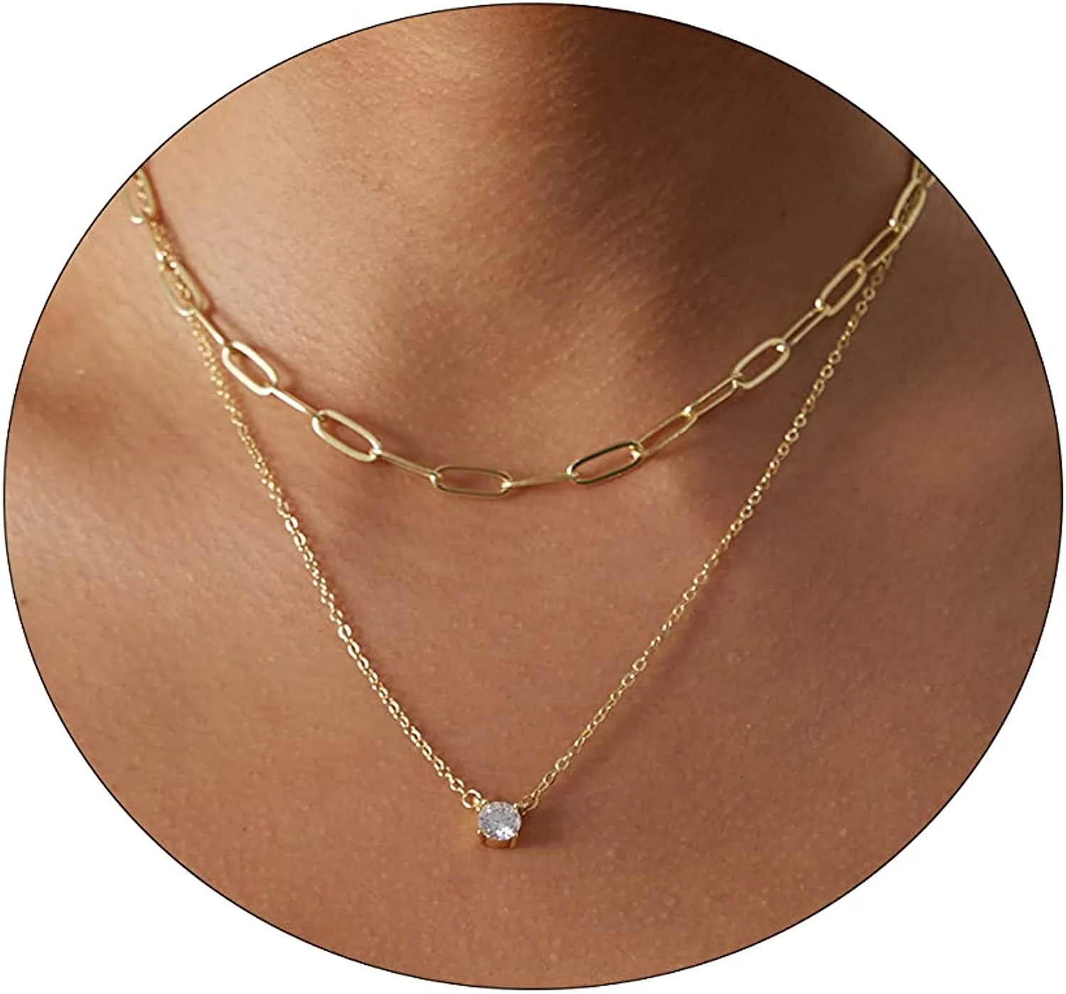Dainty CZ Pendant Necklace For Women - Layered Gold & Silver Choker, Simple Trendy Cubic Zirconia Jewelry Gift