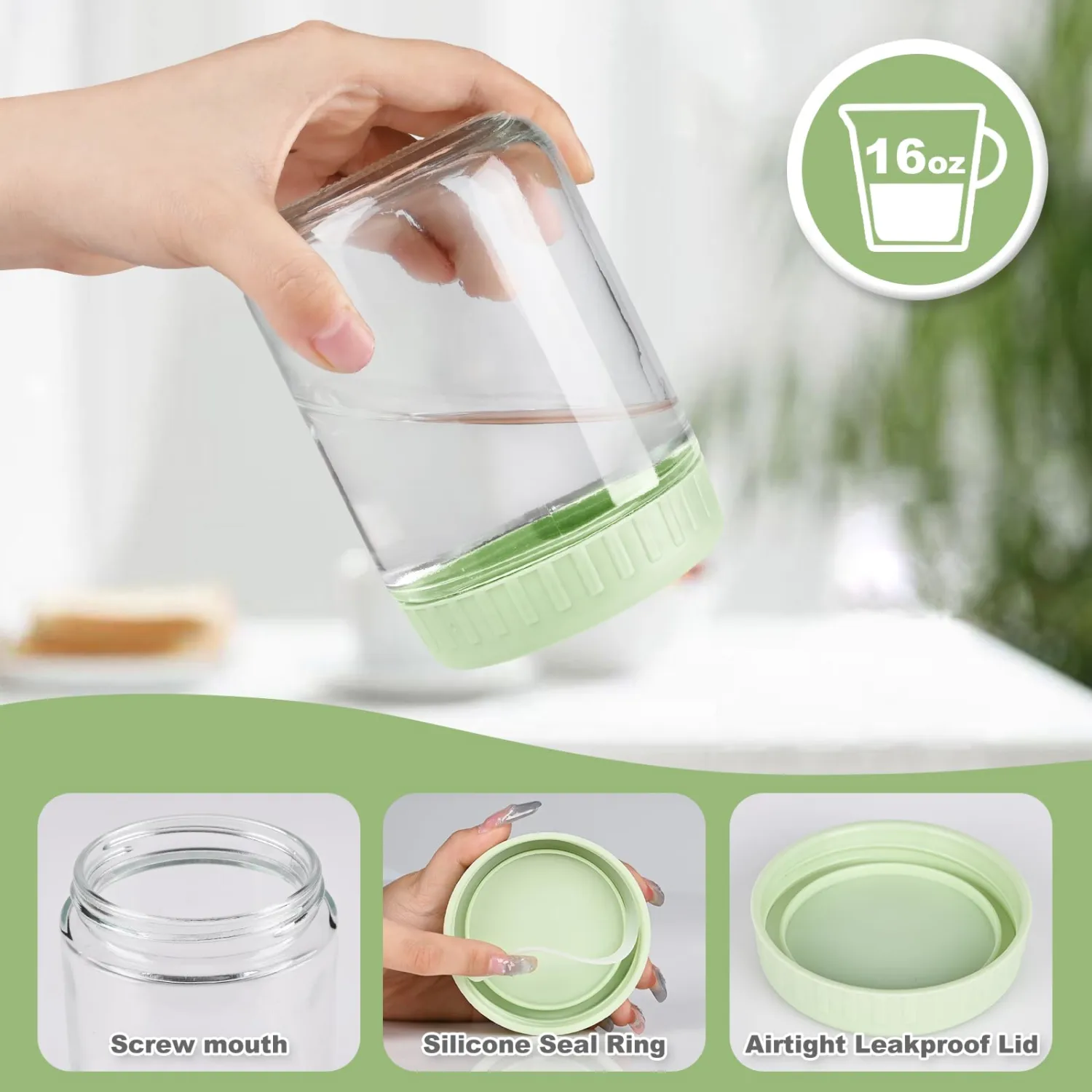 Overnight Oats Containers with Lids, 16oz Glass Jars with Lids 2 pcs, Light Green, Wide Mouth Mason jars for Salad, Yogurt, Snacks, Meal Prep