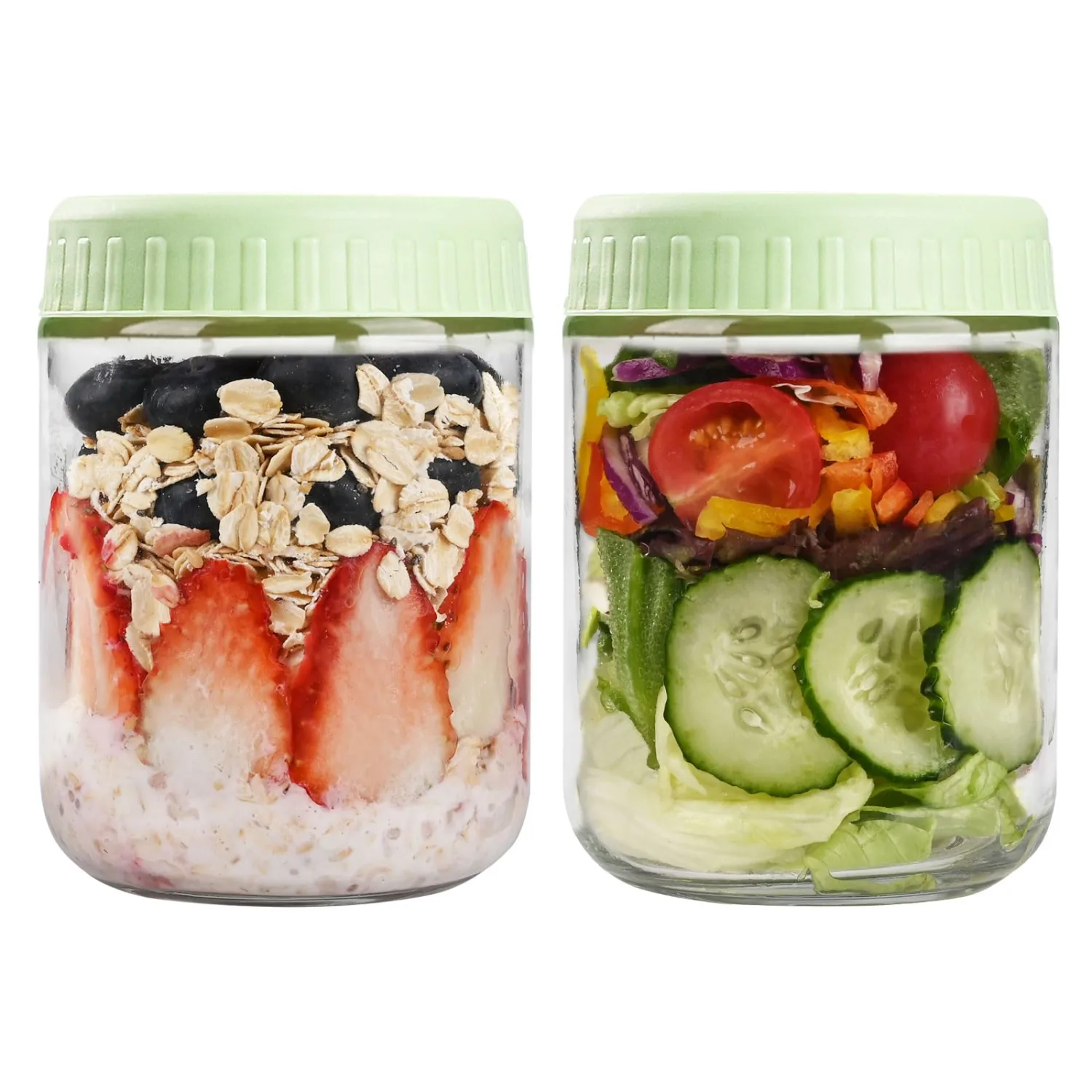 Overnight Oats Containers with Lids, 16oz Glass Jars with Lids 2 pcs, Light Green, Wide Mouth Mason jars for Salad, Yogurt, Snacks, Meal Prep
