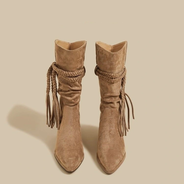 Tassel Hemp Rope Martin Boots Women Pointed Toe Chunky Heel Cowboy Boot