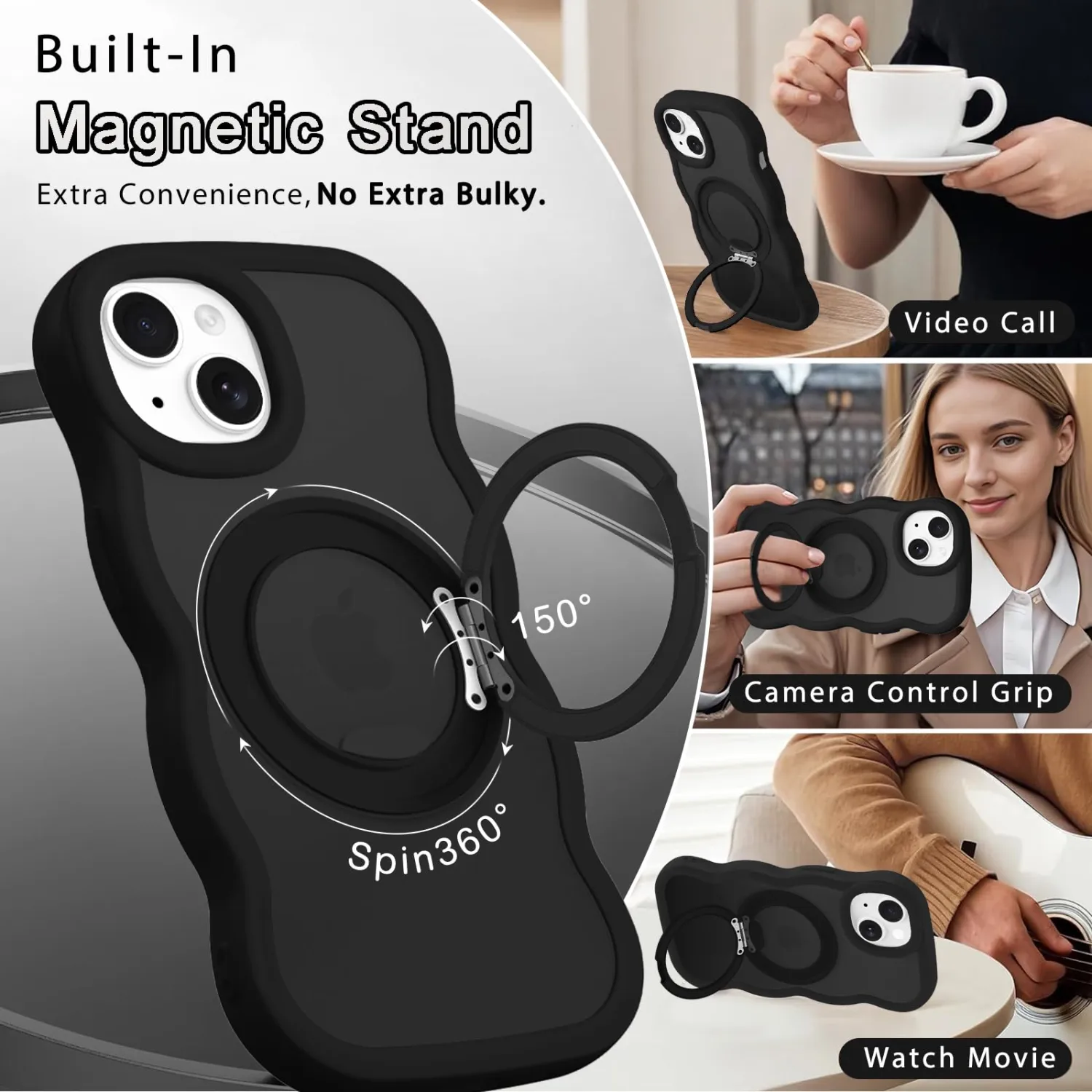 Magnetic for iPhone 14 Plus/15 Plus Case 360° Ring, Black