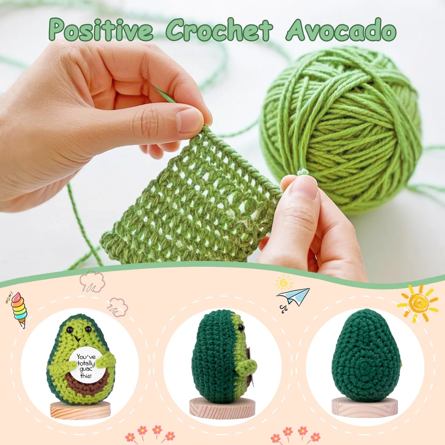 Funny Crochet Avocado, Handmade Emotional Support Knitted Wool Avocado Gift with Wooden Base for Women Men Mothers Day Graduation Teacher Appreciation(Dark Green)
