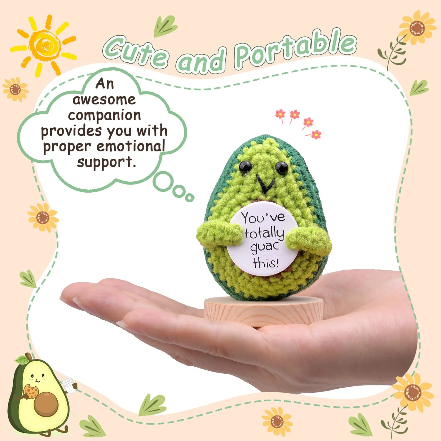Funny Crochet Avocado, Handmade Emotional Support Knitted Wool Avocado Gift with Wooden Base for Women Men Mothers Day Graduation Teacher Appreciation(Dark Green)