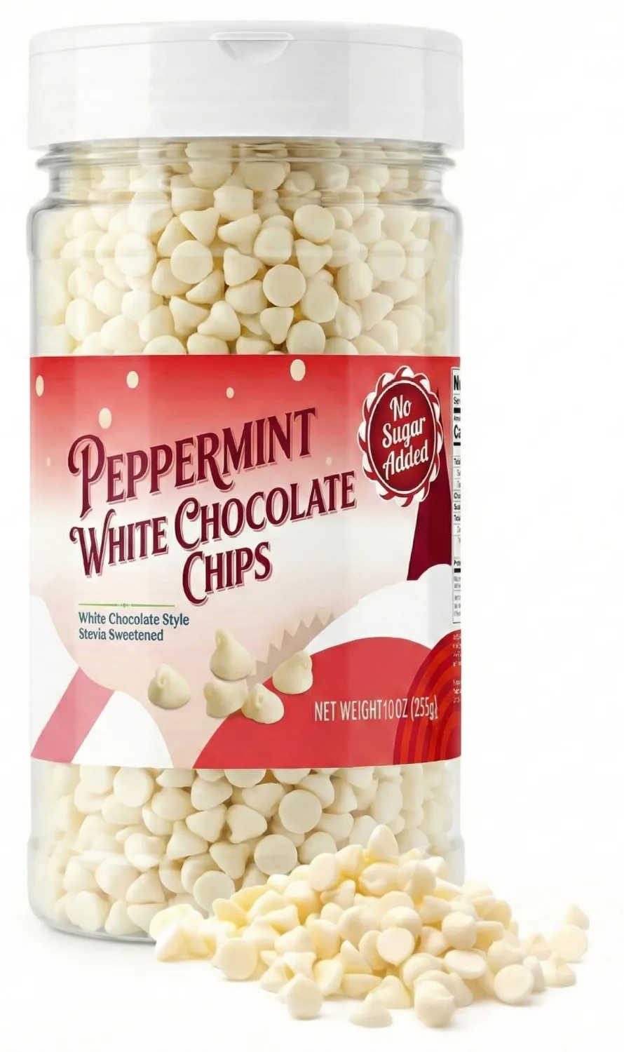 Sugar Free Peppermint Flavor Baking Chips No Sugar Added - 10oz Bottle - White Chocolate Style Stevia-Sweetened Peppermint Chips for Cookies, Brownies, Fudge, Bark & Holiday Baking