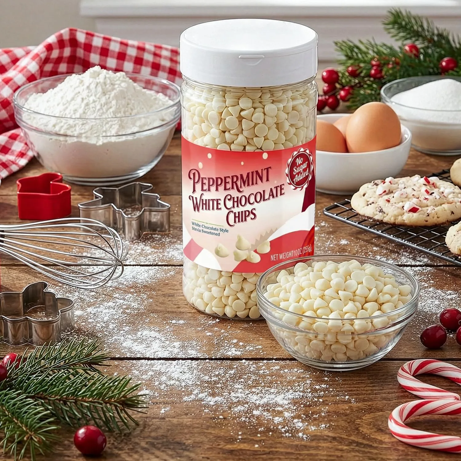Sugar Free Peppermint Flavor Baking Chips No Sugar Added - 10oz Bottle - White Chocolate Style Stevia-Sweetened Peppermint Chips for Cookies, Brownies, Fudge, Bark & Holiday Baking