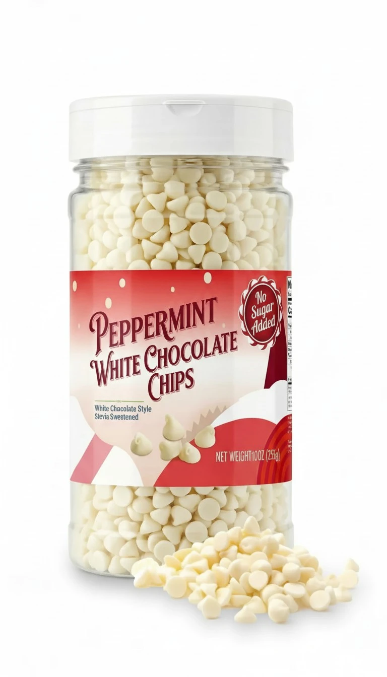 Sugar Free Peppermint Flavor Baking Chips No Sugar Added - 10oz Bottle - White Chocolate Style Stevia-Sweetened Peppermint Chips for Cookies, Brownies, Fudge, Bark & Holiday Baking