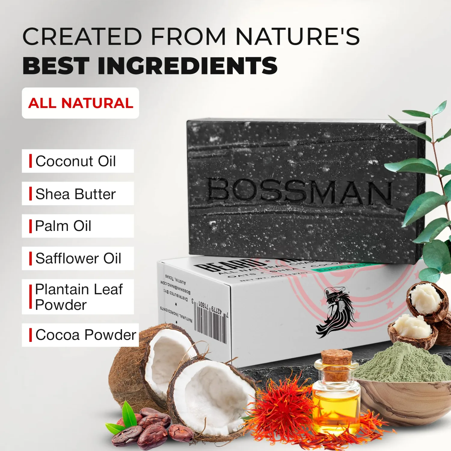Bossman 4-in-1 Charcoal Soap Bar (4 oz) – Bar Soap for Men – All-Natural Beard Wash, Shampoo, Body Wash & Shaving Solution – Eucalyptus & Tea Tree Scent