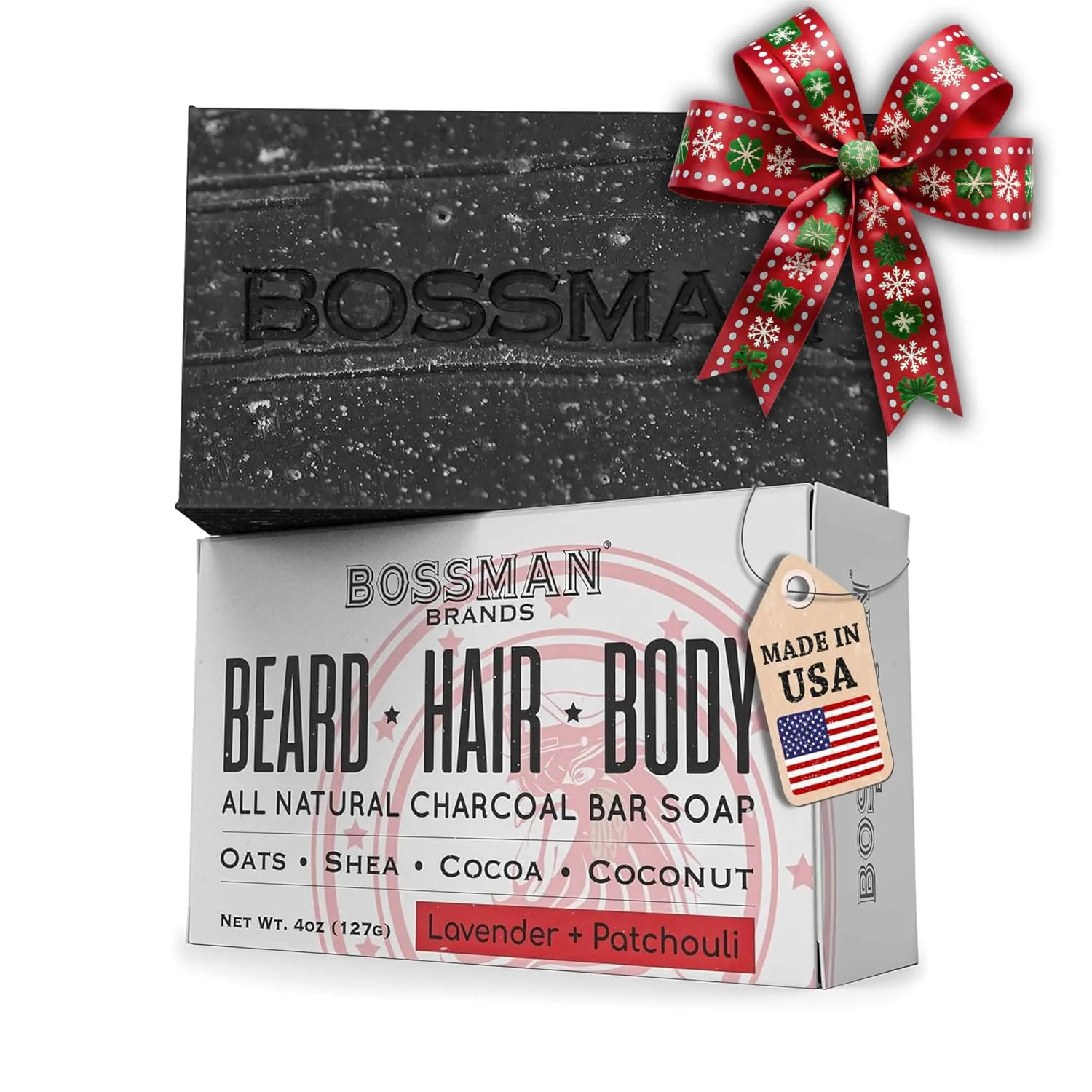 Bossman 4-in-1 Charcoal Soap Bar (4 oz) – Bar Soap for Men – All-Natural Beard Wash, Shampoo, Body Wash & Shaving Solution – Lavender & Patchouli Scent