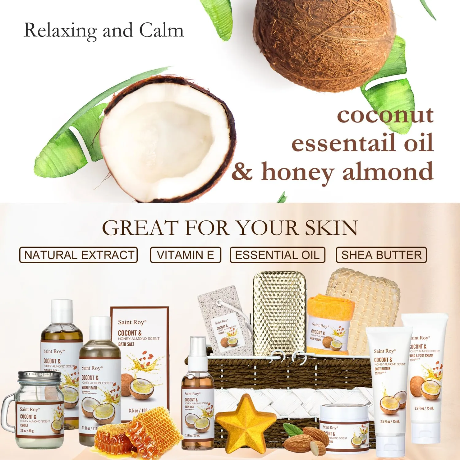 Spa Gift Basket Luxury Bath and Body Basket Set 17-Piece Coconut Honey Almond Christmas Gifts for Women Mom Her Large Luxury Home Spa Kit, Relaxing Self Care Pamper Gifts Birthday Bridal Shower Bath
