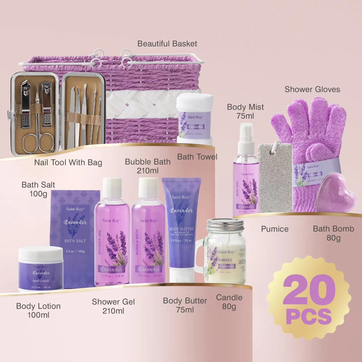 Large Spa kit for women gift set, 20 PCS Spa Gift Baskets Christmas Gifts for Women Bath Kit with Lavender gifts spa gift set Basket, Luxury Self Care Home Spa Kit Lavender Bath Gift Basket