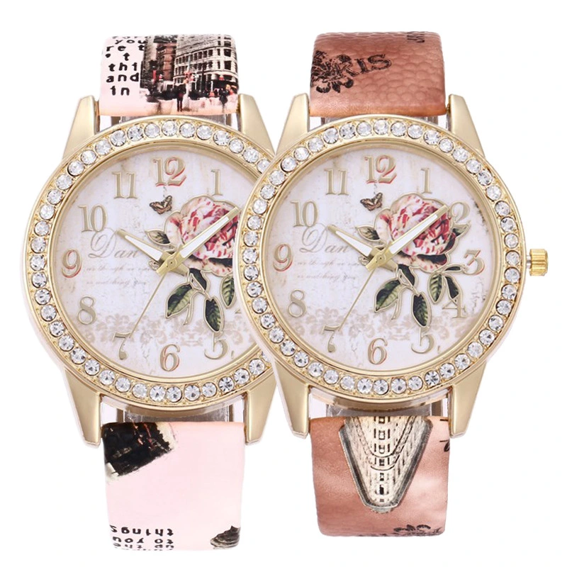 Diamond-inlaid Gold Case Rose Pattern Fashion Quartz Watch
