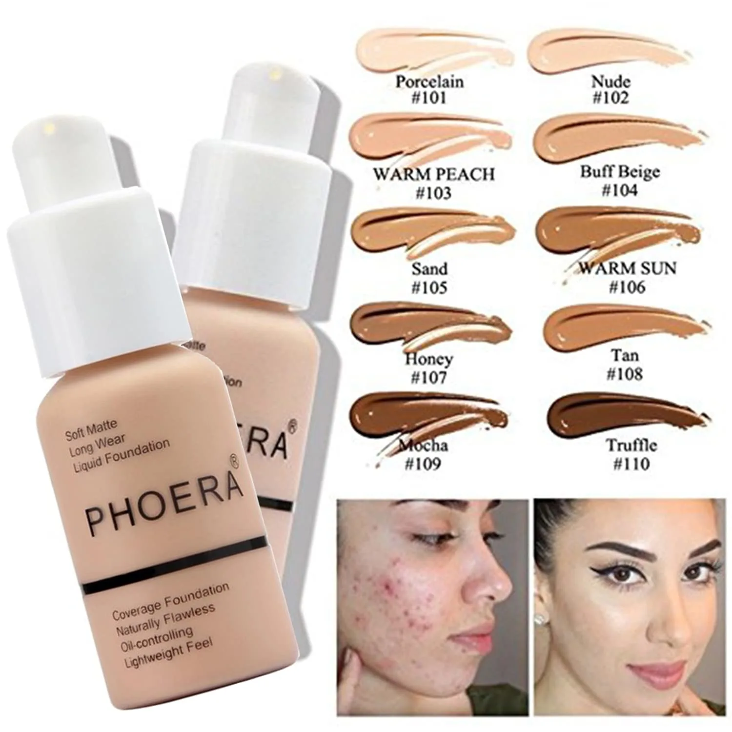 2 Pack PHOERA Foundation Warm Peach 103 and Face Primer,Liquid Full Coverage Foundation Set,Foundation Brush Powder Brush,5 Makeup Sponge, 24HR Matte Oil Control Concealer (103- Warm peach)