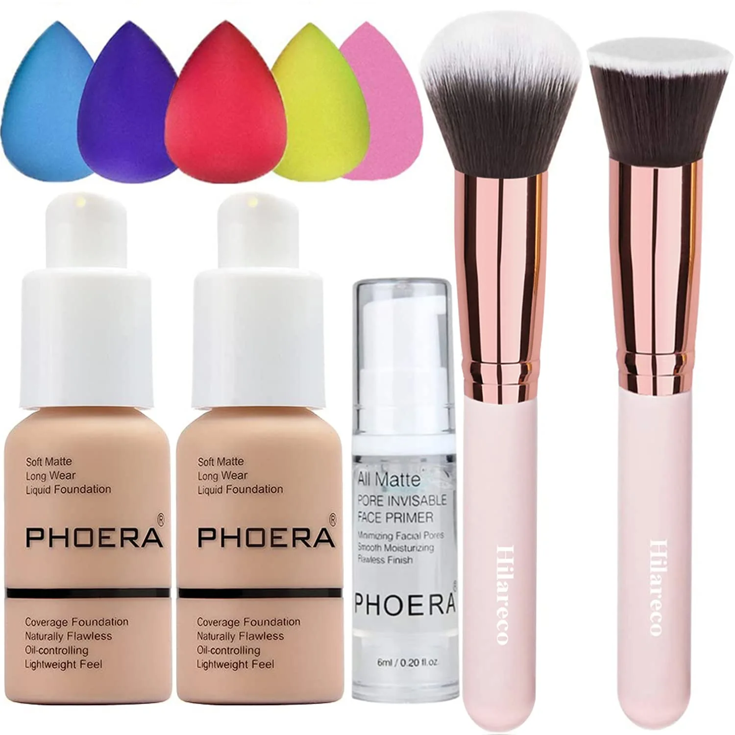 2 Pack PHOERA Foundation Warm Peach 103 and Face Primer,Liquid Full Coverage Foundation Set,Foundation Brush Powder Brush,5 Makeup Sponge, 24HR Matte Oil Control Concealer (103- Warm peach)