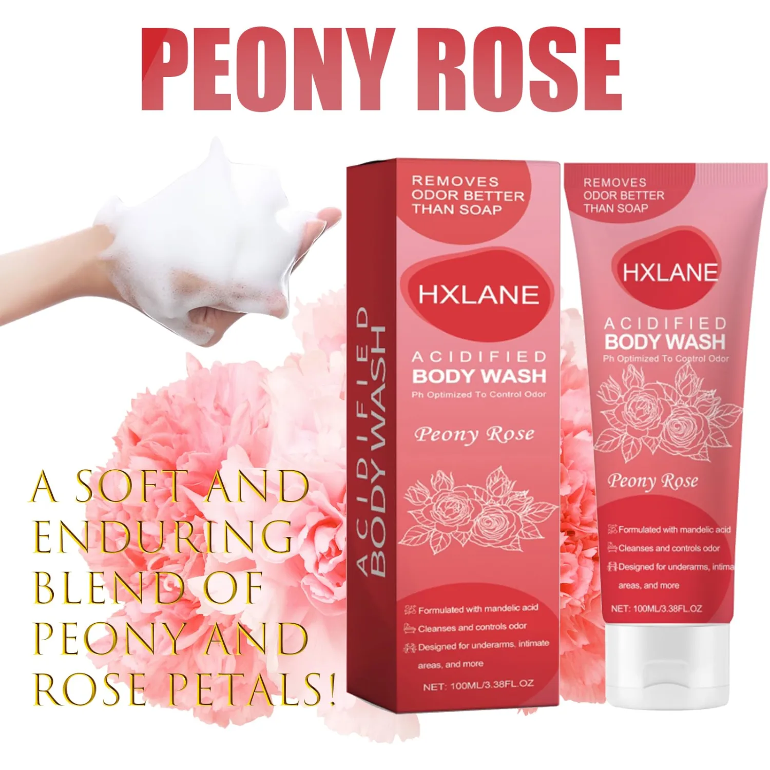 Acidified Body Wash, 2 PCS Moisturizing Rose Body Wash Gel, 24 Hour Odor Control,Odor Control Removes Odor Better than Soap, Formulated Without SLS or Parabens, 3.38 FL.OZ
