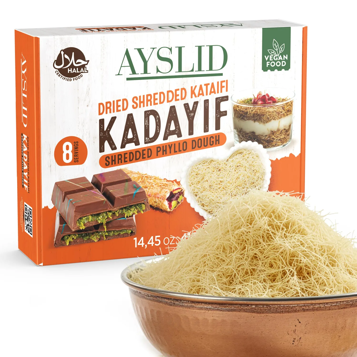 AYSLID Shredded Kataifi Dough 410g (14.45 oz) - Dried Kunafa/Knafeh Kadayif Threads - Ready for Toasting & Baking - Traditional Filo/Phyllo Pastry for Pistachio Chocolate Desserts